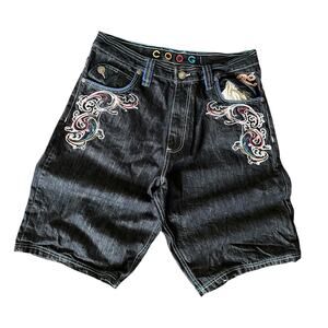 COOGI Embroidered Denim Shorts Y2K Streetwear Baggy Dark Wash Skater Size 38